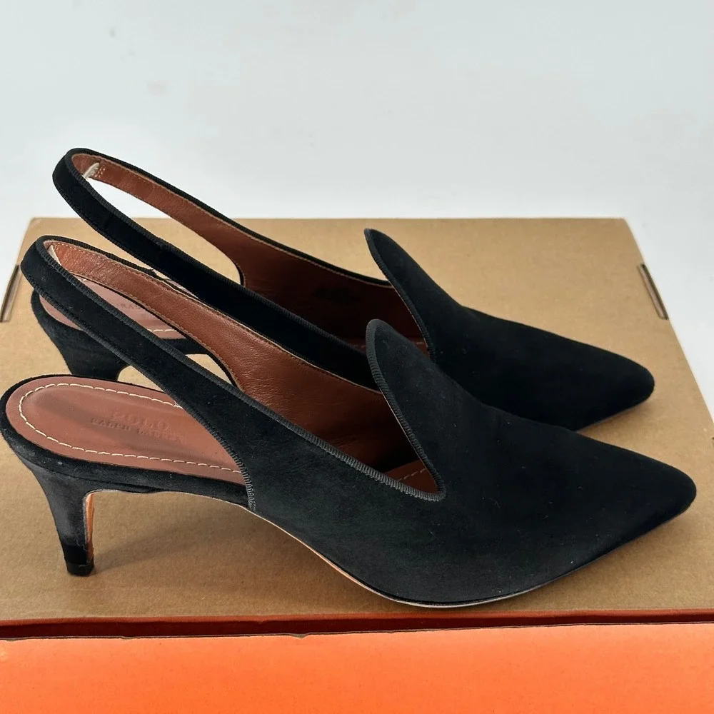 Polo Ralph Lauren Black Stacy Leather Suede Pump Pointed Slingback Heel‎ 9.5 B